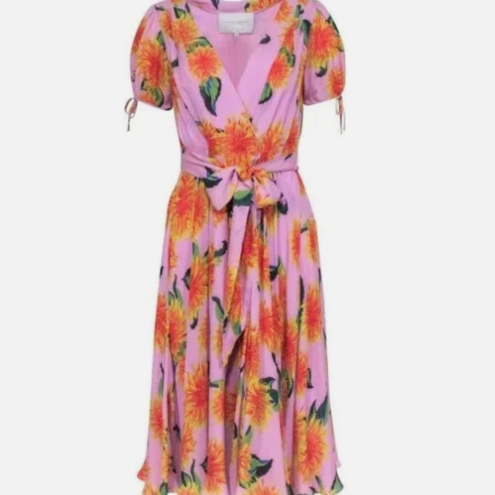 Carolina Herrera Pink Midi Dress with Yellow-Orange Floral Print